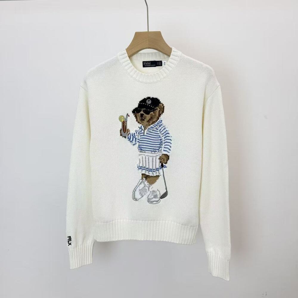 Polo Ralph Lauren Golf Bear Crewneck White Intarsia Knit Sweater